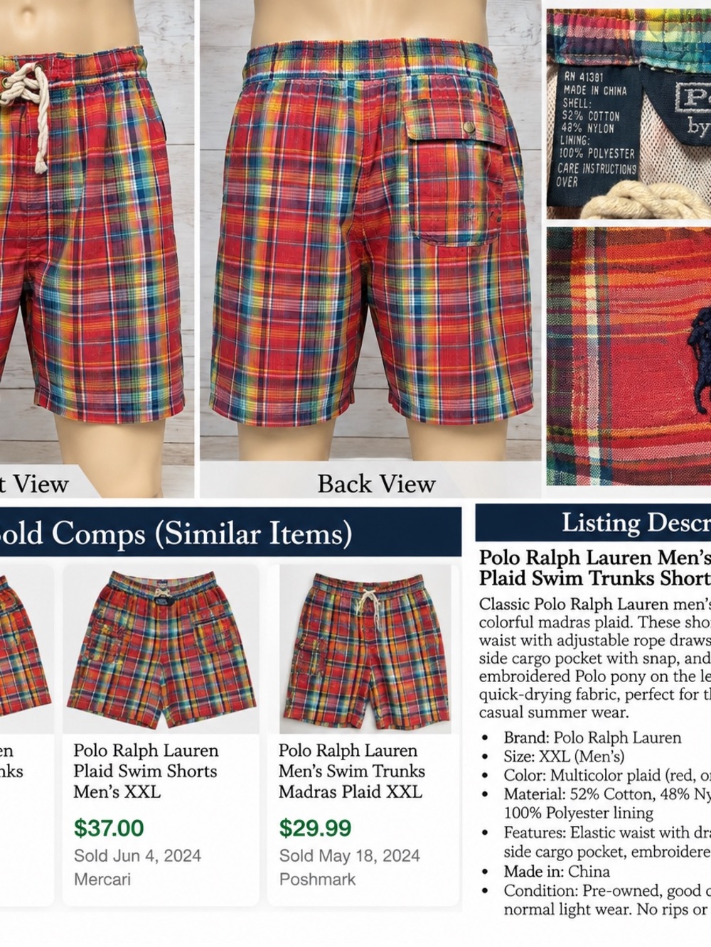 16544 . Polo by Ralph Lauren Multicolor Madras Plaid Men's Shorts